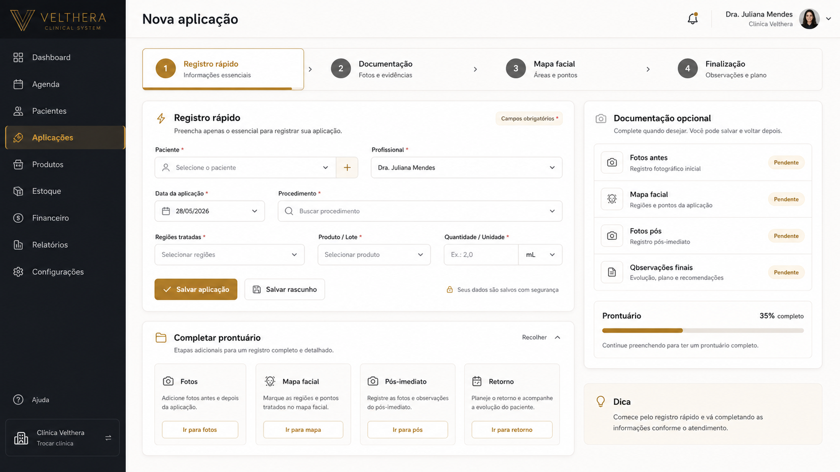 Sistema Velthera Trace — fluxo de aplicação